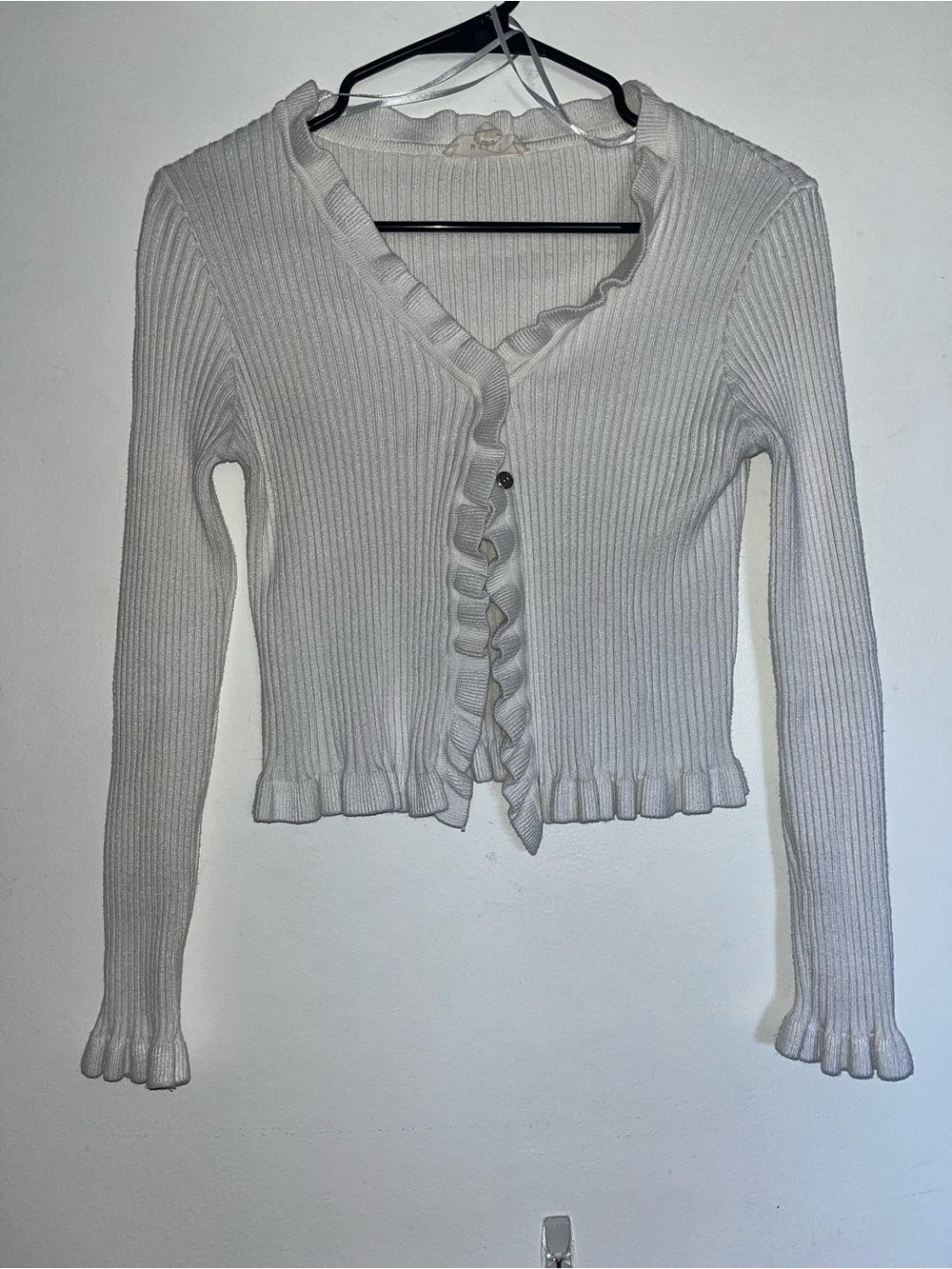 MARBLE White Ribbed Ruffle-Trim Cardigan